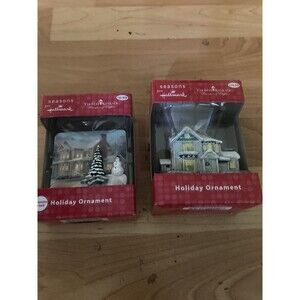 Hallmark Thomas Kinkade  Victorian House & Snowman 2 Set Christmas Ornament 2012